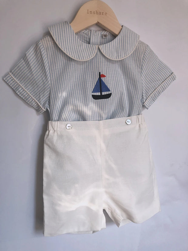 Hand Embroidered Shirt & White Shorts Set