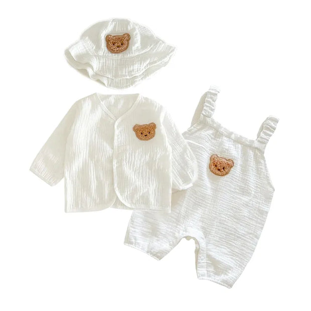 Baby Muslin Set Romper and Hat with Cartoon Bear