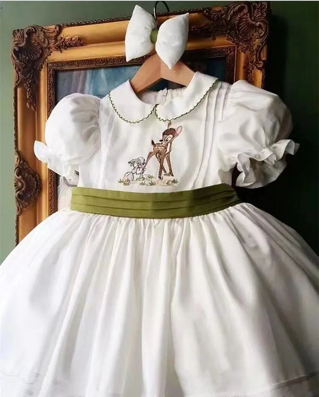 Girl Summer White Deer Embroidery Dress