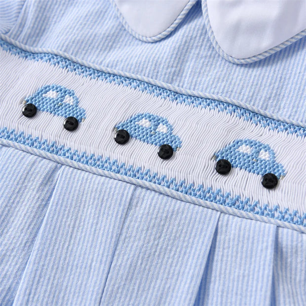 Baby Boy Smocked Blue Embroidered Jumpsuit