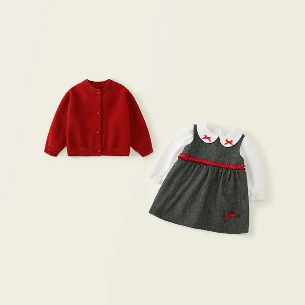 Young Girls Red Sweater Set, White Blouse & Sleeveless Dresses