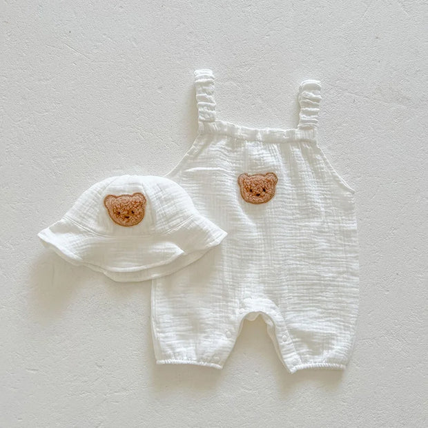 Baby Muslin Set Romper and Hat with Cartoon Bear