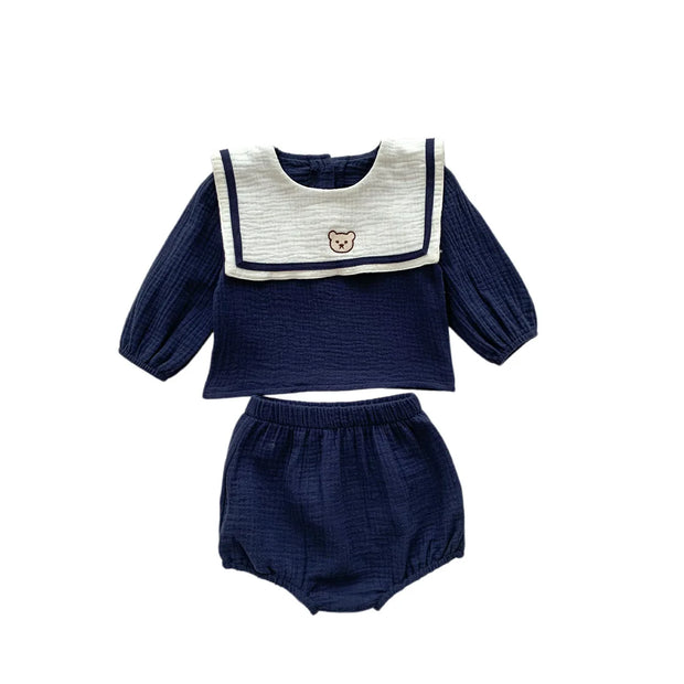 Kids Full Sleeve Naval Leader Bear Top T-shirts & Solid Shorts